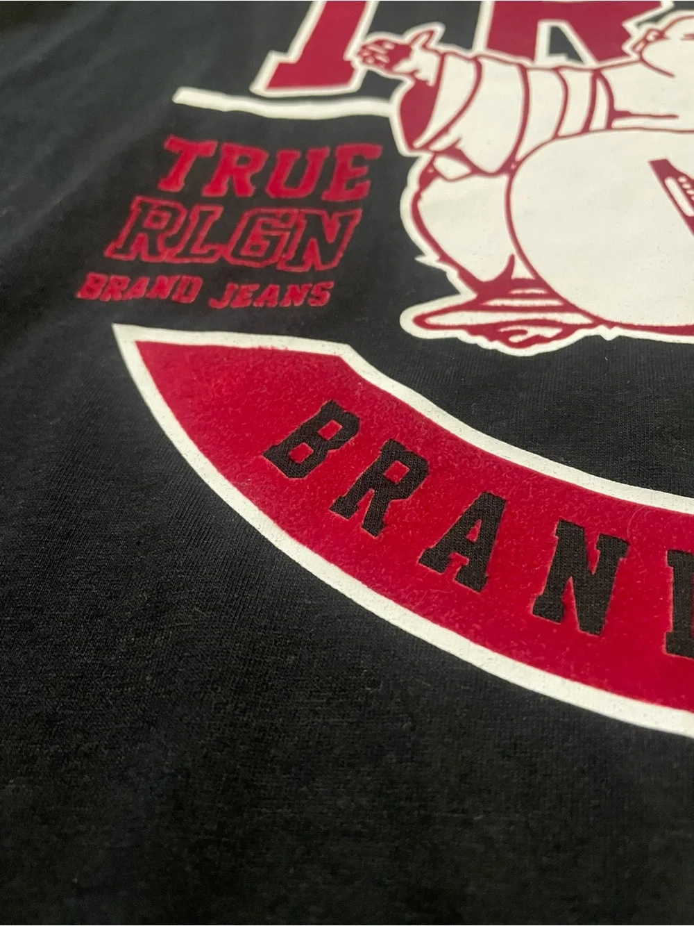 True Religion Black T-Shirt Red Block Letter Buddha Guitar Graphic Tee